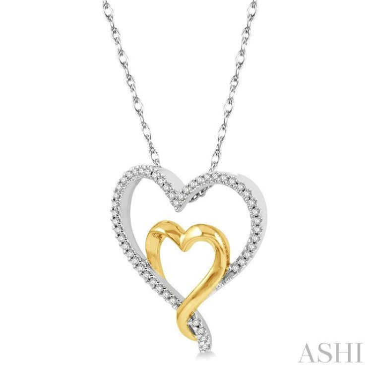 1/6 ctw Two Tone Twin Heart Round Cut Diamond Pendant With Chain in 10K White and Yellow Gold