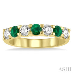 3.3 MM Emerald and 1/2 ctw Round Cut Diamond Precious Wedding Band in 14K Yellow Gold