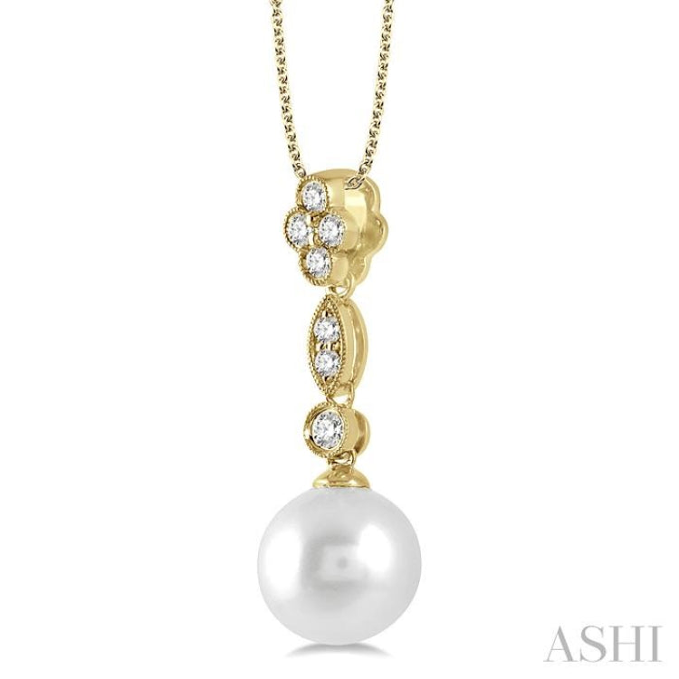 8 MM Cultured Pearl and 1/6 ctw Floral Dangler Round Cut Diamond Pendant With Chain in 14K Yellow Gold