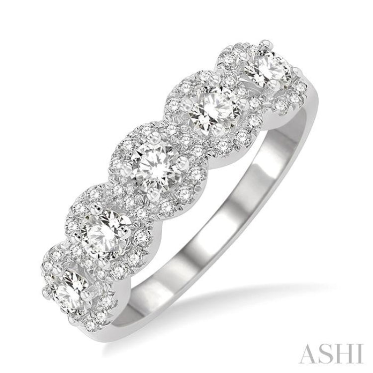 1 ctw Circular Shape 5 Stone Round Cut Diamond Halo Wedding Band in 14K White Gold