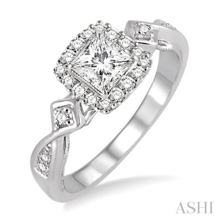 1/2 ctw Diamond Engagement Ring with 1/5 ct Princess Cut Center Stone in 14K White Gold