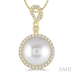 12 MM Cultured Pearl and 3/8 ctw Round Cut Diamond Pendant in 14K Yellow Gold with chain