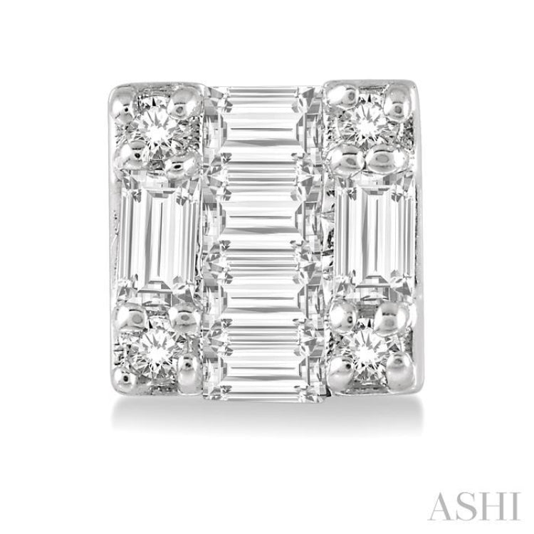 1/6 ctw Square Shape Baguette and Round Cut Diamond Petite Fashion Earring in 10K White Gold.