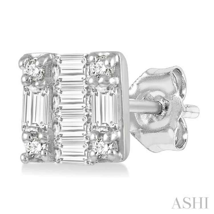 1/6 ctw Square Shape Baguette and Round Cut Diamond Petite Fashion Earring in 10K White Gold.
