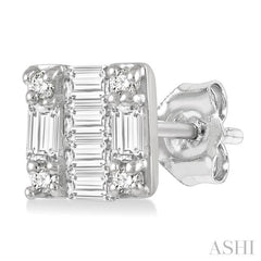1/6 ctw Square Shape Baguette and Round Cut Diamond Petite Fashion Earring in 10K White Gold.