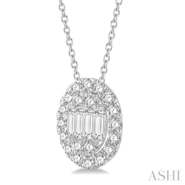 1/4 ctw Oval Mount Baguette and Round Cut Diamond Pendant With Chain in 14K White Gold