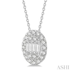 1/4 ctw Oval Mount Baguette and Round Cut Diamond Pendant With Chain in 14K White Gold