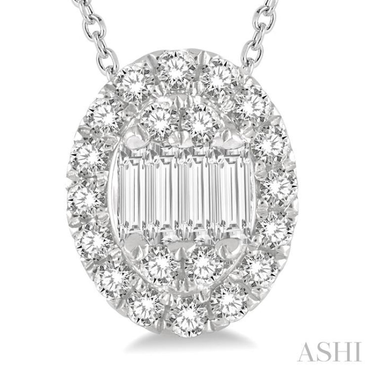 1/4 ctw Oval Mount Baguette and Round Cut Diamond Pendant With Chain in 14K White Gold