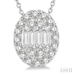 1/4 ctw Oval Mount Baguette and Round Cut Diamond Pendant With Chain in 14K White Gold
