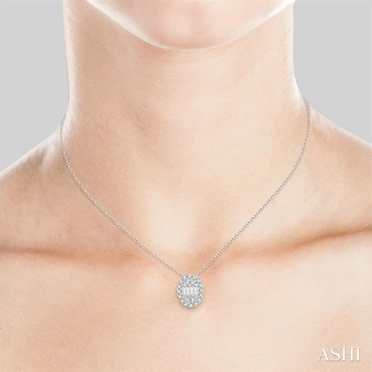 1/4 ctw Oval Mount Baguette and Round Cut Diamond Pendant With Chain in 14K White Gold