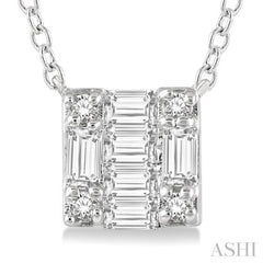 1/8 ctw Square Shape Baguette and Round Cut Diamond Petite Fashion Pendant With Chain in 10K White Gold