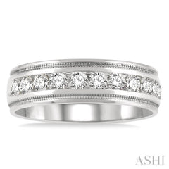 1 ctw Parallel Milgrain & Niched Center Round Cut Diamond Men's Wedding Band in 14K White Gold