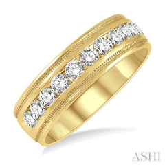 1 ctw Parallel Milgrain & Niched Center Round Cut Diamond Men's Wedding Band in 14K Yellow Gold