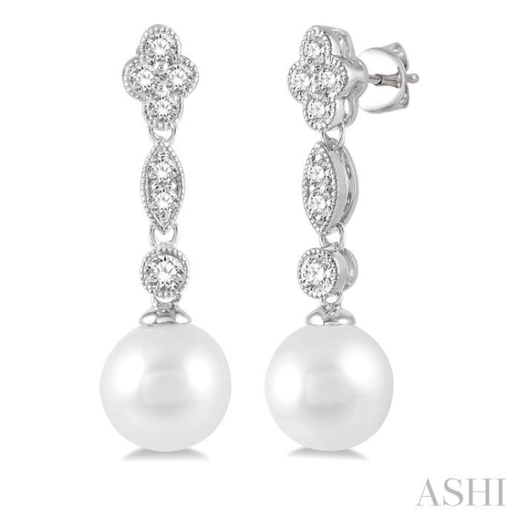 7 MM Cultured Pearls and 1/3 ctw Round Cut Diamond Drop Earrings in 14K White Gold