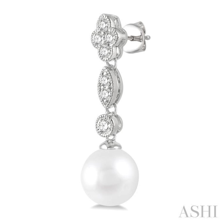 7 MM Cultured Pearls and 1/3 ctw Round Cut Diamond Drop Earrings in 14K White Gold