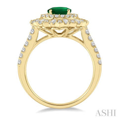 8x6 MM Oval Shape Emerald and 1 ctw Lattice Baguette and Round Cut Diamond Precious Ring in 14K Yellow Gold