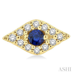 2.0 MM Round Cut Sapphire and 1/10 Ctw Evil Eye Round Cut Diamond Precious Petite Fashion Earring in 14K Yellow Gold