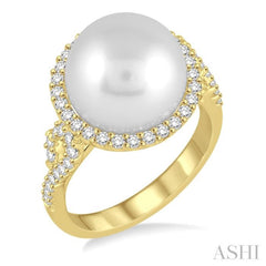 12 MM Cultured Pearl and 5/8 ctw Round Cut Diamond Ring in 14K Yellow Gold