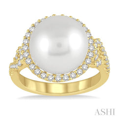 12 MM Cultured Pearl and 5/8 ctw Round Cut Diamond Ring in 14K Yellow Gold