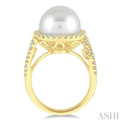 12 MM Cultured Pearl and 5/8 ctw Round Cut Diamond Ring in 14K Yellow Gold