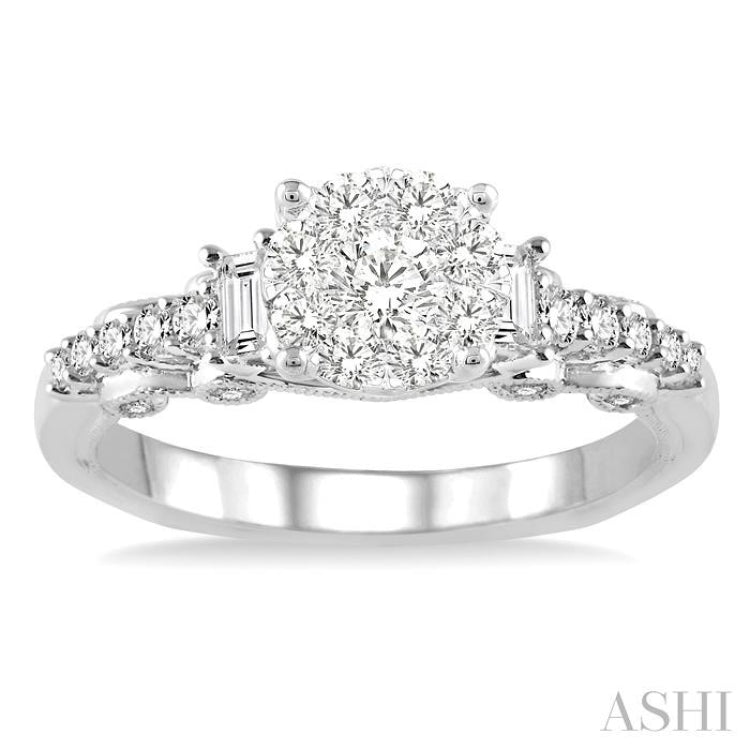 3/4 ctw Round and Baguette Diamond Lovebright Engagement Ring in 14K White Gold