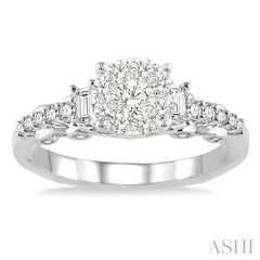 3/4 ctw Round and Baguette Diamond Lovebright Engagement Ring in 14K White Gold