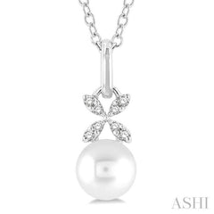 6 MM Round Shape Cultured Pearl and 1/50 ctw Petite Floral Round Cut Diamond Fashion Pendant With Chain in 10K White Gold