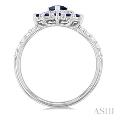 6X4 MM Pear Shape & 1.5 MM Round Cut Sapphire and 3/8 ctw Round Cut Diamond Floral Precious Ring in 14K White Gold