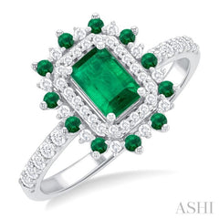 6X4 MM Emerald Shape & 1.5 MM Round Cut Ruby and 1/3 ctw Round Cut Diamond Floral Precious Ring in 14K White Gold
