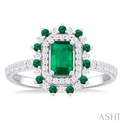6X4 MM Emerald Shape & 1.5 MM Round Cut Ruby and 1/3 ctw Round Cut Diamond Floral Precious Ring in 14K White Gold