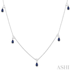 5x3 MM Pear Shape Sapphire and 1/4 ctw Round Cut Diamonds Precious Station Necklace in 14K White Gold