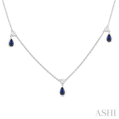 5x3 MM Pear Shape Sapphire and 1/4 ctw Round Cut Diamonds Precious Station Necklace in 14K White Gold