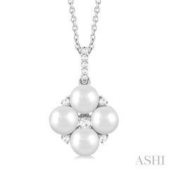 5x5 MM Round Shape Floral Cultured Pearls and 1/10 ctw Round Cut Diamond Fashion Pendant With Chain in 10K White Gold