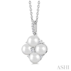 5x5 MM Round Shape Floral Cultured Pearls and 1/10 ctw Round Cut Diamond Fashion Pendant With Chain in 10K White Gold