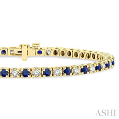 2.5 MM Sapphire and 1 1/2 Ctw Round Cut Diamond Square Box Link Precious Tennis Bracelet in 14K Yellow Gold