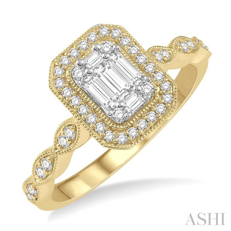 3/8 ctw Emerald Shape Round Cut and Baguette Diamond Fusion Engagement Ring in 14K Yellow and White Gold