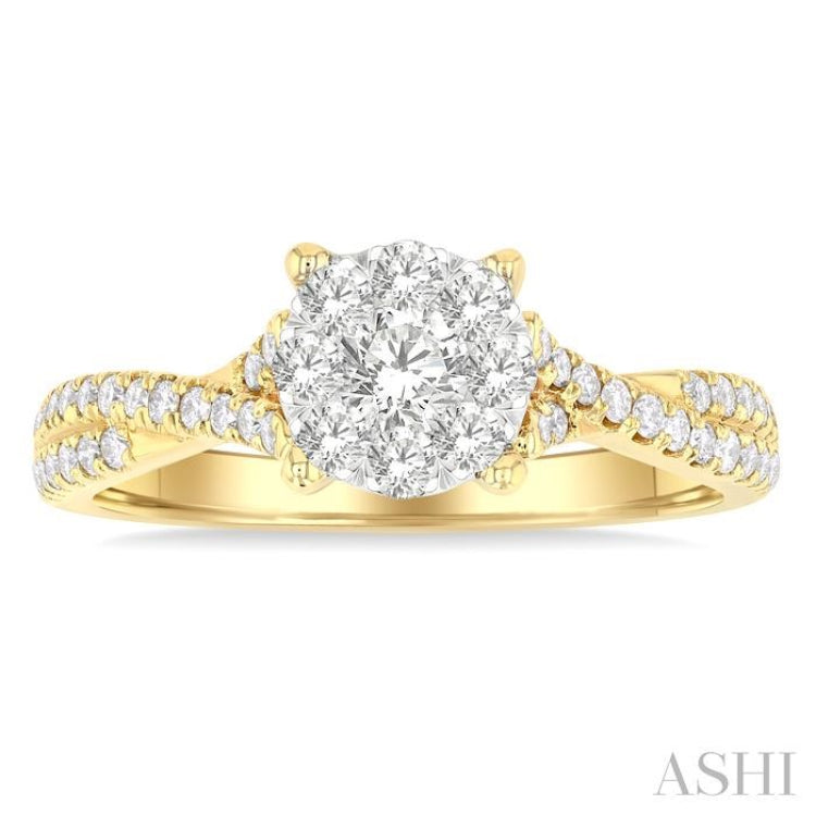 3/4 ctw Round Shape Lovebright Split Criss Cross Round Cut Diamond Engagement Ring in 14K Yellow and White Gold