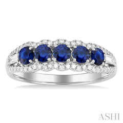 3.1 MM Round Sapphire and 1/4 ctw Baguette and Single Cut Diamond 5-Stone Precious Ring in 14K White Gold