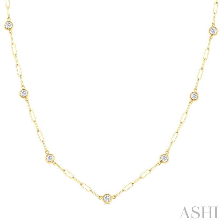 3/4 ctw Bezel Set Round Cut Diamond Paperclip Station Necklace in 14K Yellow Gold