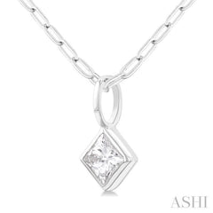 1/5 ctw Princess Cut Bezel Set Diamond Fashion Pendant with Paperclip Chain in 14K White Gold