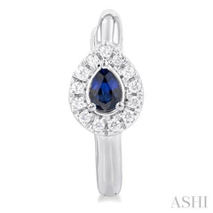 4X3 MM Pear Cut Sapphire and 1/10 ctw Petite Round Cut Halo Diamond Fashion Huggies in 10K White Gold