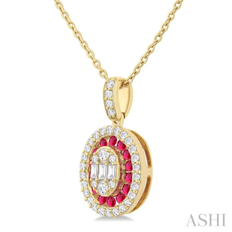 1.25 MM Oval Shape Ruby and 1/4 Ctw Baguette and Round Cut Diamond Precious Pendant With Chain in 14K Yellow Gold