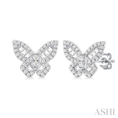 1/2 ctw Butterfly Petite Baguette and Round Cut Diamond Fashion Stud Earring in 14K White Gold