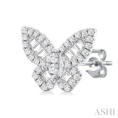 1/2 ctw Butterfly Petite Baguette and Round Cut Diamond Fashion Stud Earring in 14K White Gold