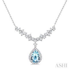 9x6 MM Pear Cut Aquamarine and 3/4 ctw Round Cut Diamond Semi Precious Necklace in 14K White Gold