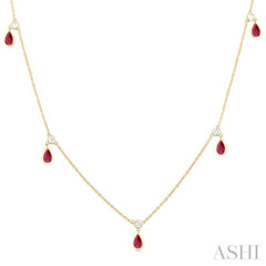 5x3 MM Pear Shape Ruby and 1/8 ctw Round Cut Diamonds Precious Station Necklace in 10K Yellow Gold