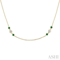 2.25 MM Emerald and 1/2 ctw Round Cut Diamond Precious Station Necklace in 14K Yellow Gold