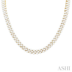 3 MM Round Shape Cultured Pearl and 2 1/5 ctw Triple Row Round Cut Diamond Fashion Necklace in 14K Yellow Gold