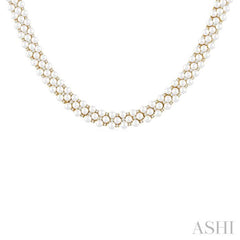 3 MM Round Shape Cultured Pearl and 2 1/5 ctw Triple Row Round Cut Diamond Fashion Necklace in 14K Yellow Gold