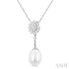 9X7 MM Drop Shape Cultured Pearl and 1/5 ctw Sunflower Round Cut Diamond Fashion Pendant With Chain in 14K White Gold